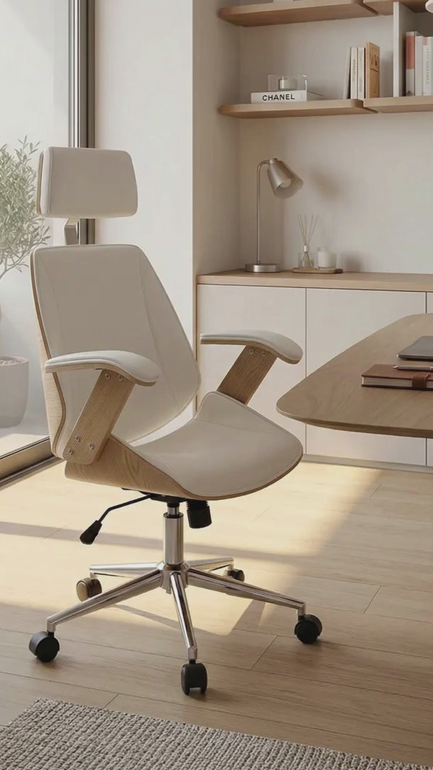 Cadeira De Escritório Paris Natural Presidente em courino sintético PU com função relax e pistão classe 3. Branco #cor_branco