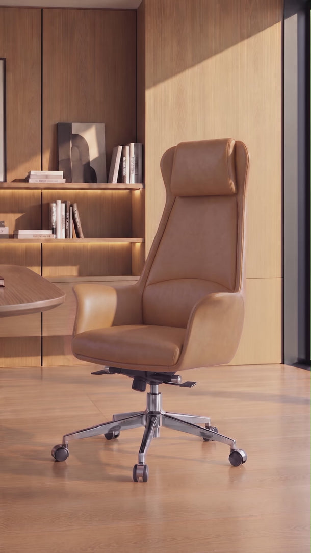 Cadeira De Escritório Atlanta Presidente em courino sintético PU com função relax e pistão classe 3 caramelo #cor_caramelo